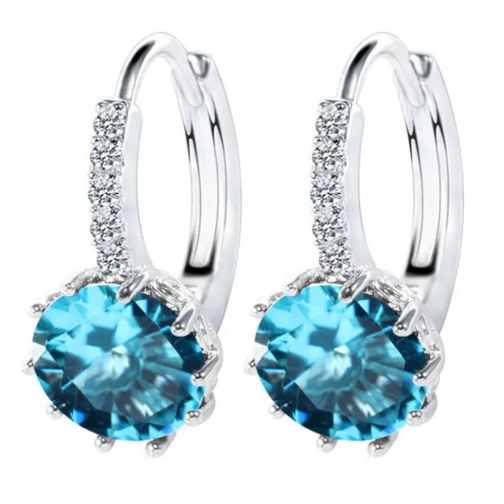 Bright Blue Topaz & Diamond Leverback Earrings - Picture 2 of 4